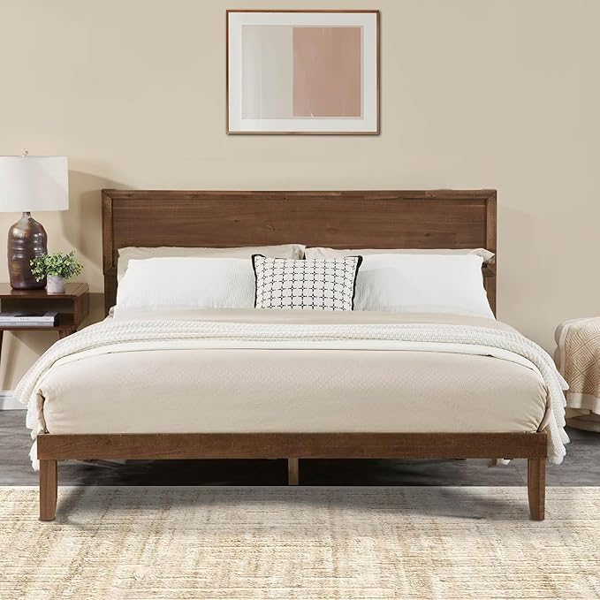 Wood Full Size Bed Frame, Mid Century Modern Platform Bed with Headboard