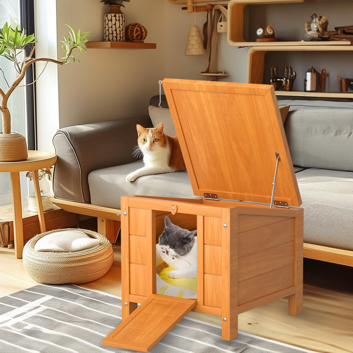 Wooden Rabbit Hutch Indoor and Outdoor, Weatherproof Cat House Hideout