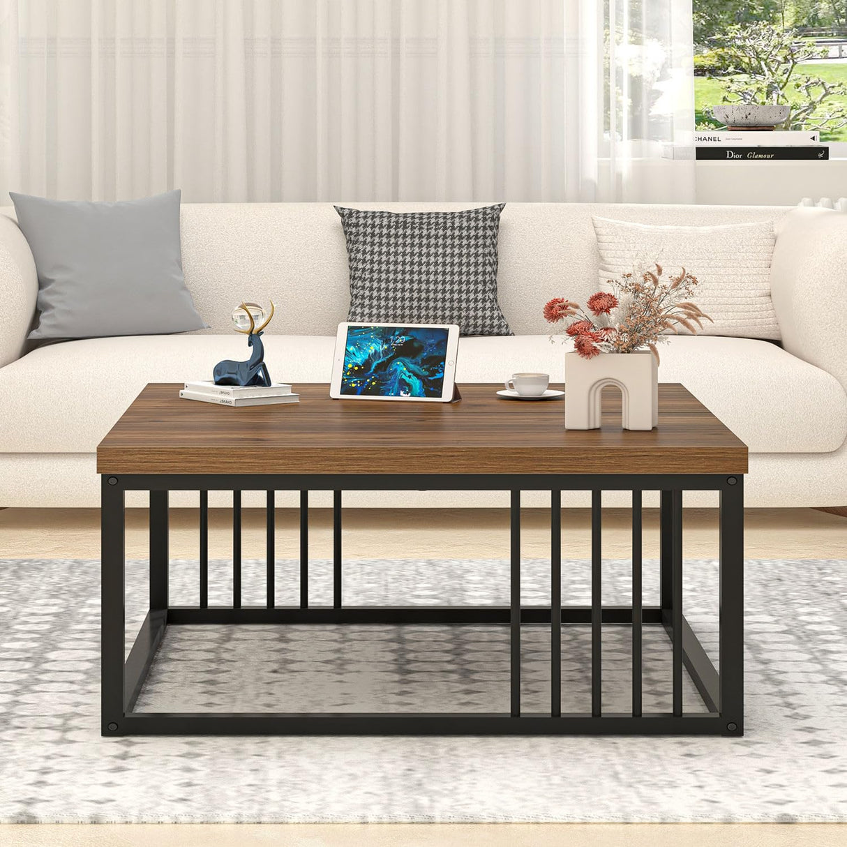 Square Coffee Table, Modern Center Table with Split Tabletop for Living Room