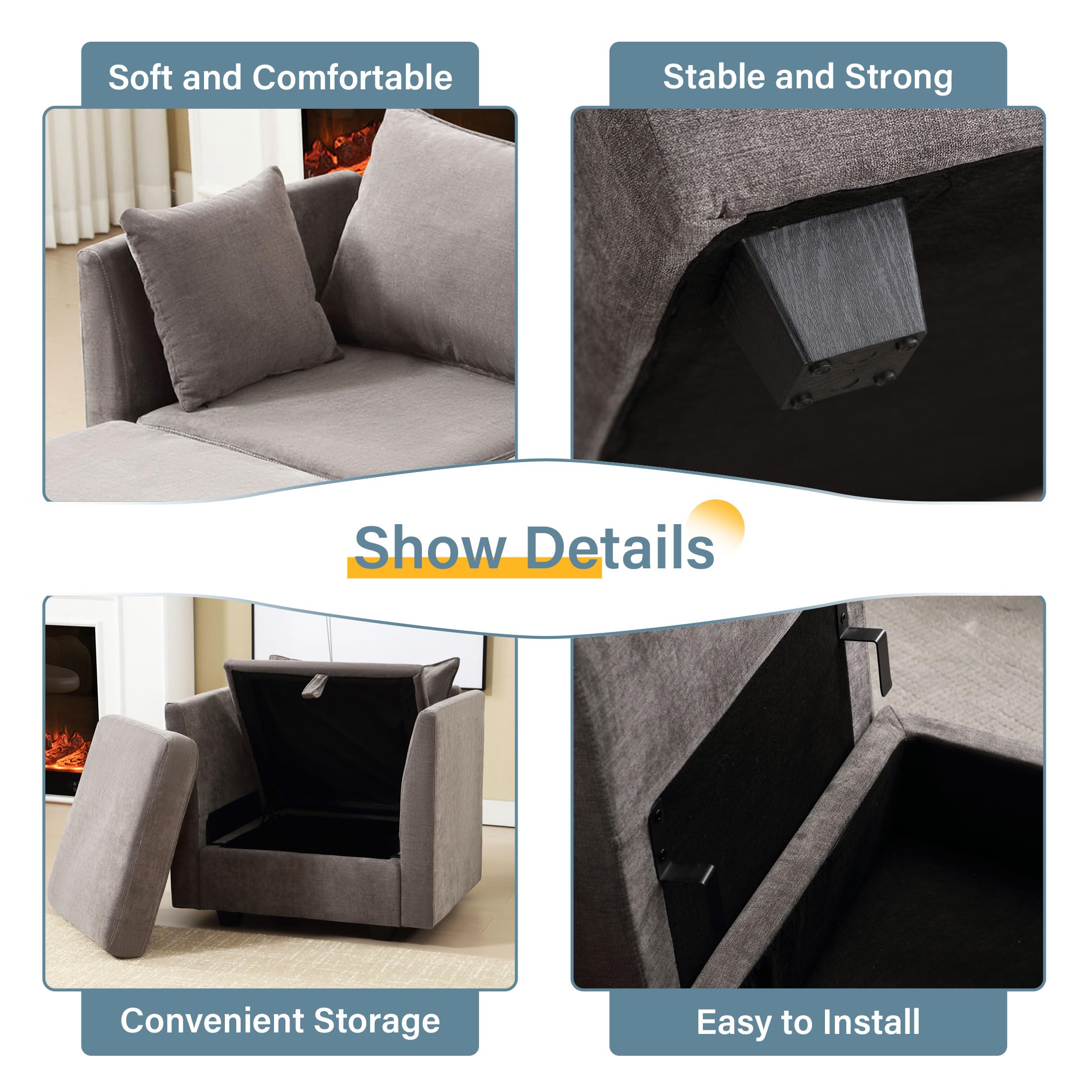 Modular Sectional Sofa, Convertible U Shaped Sofa Couch with Storage
