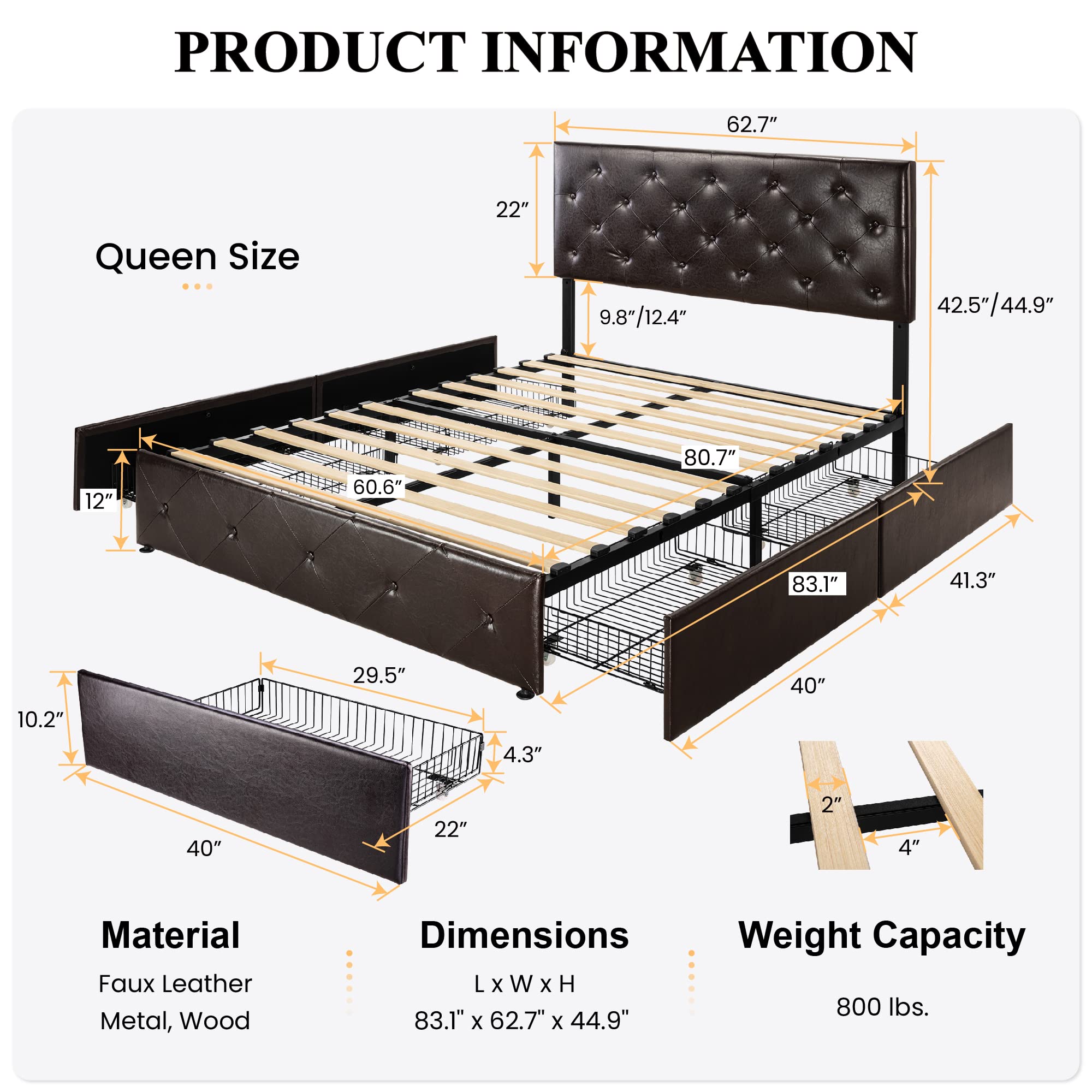 Upholstered Queen Platform Storage Bed Frame with 4 Drawers, Adjustable Headboard