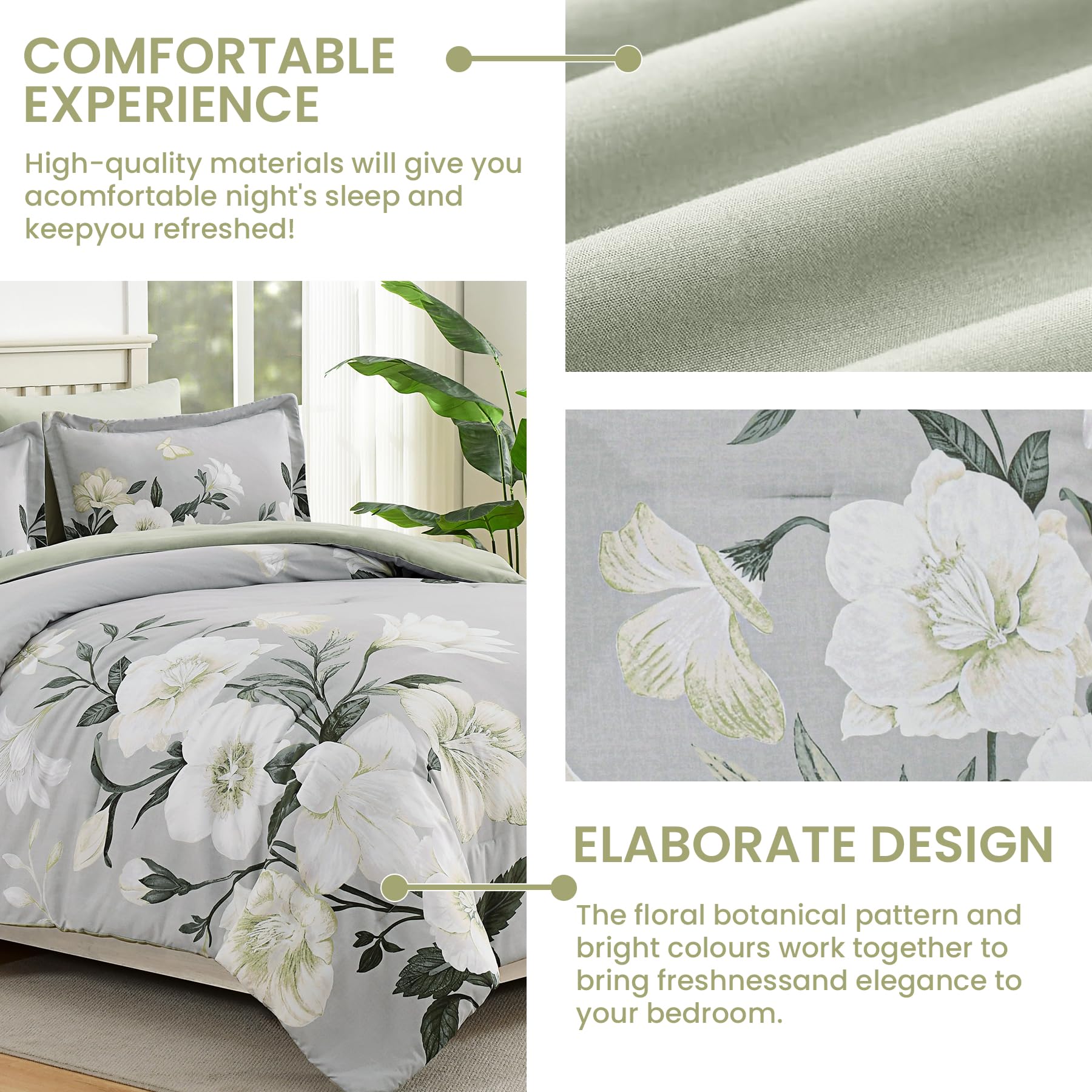 7-Piece King Comforter Set - Sage Green Floral