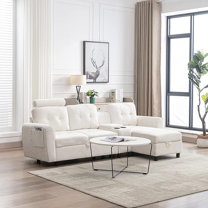 Sofa Bed with Reversible Chaise Longue, Beige Modern L-Shaped Couch