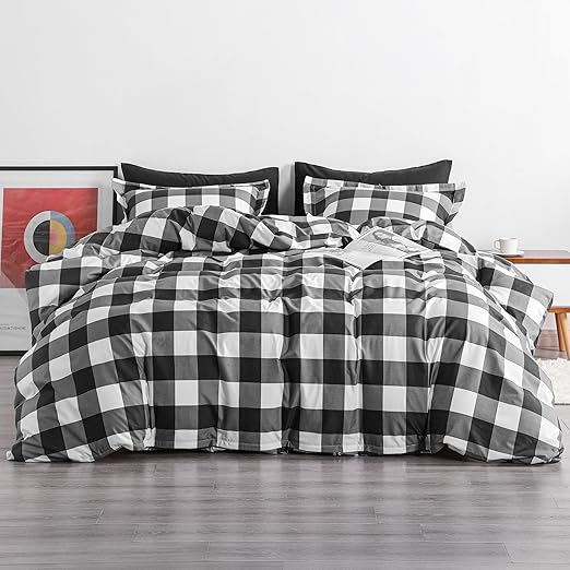 3 Pieces 100% Brushed Microfiber Striped Duvet Cover Set, Super Soft Black and