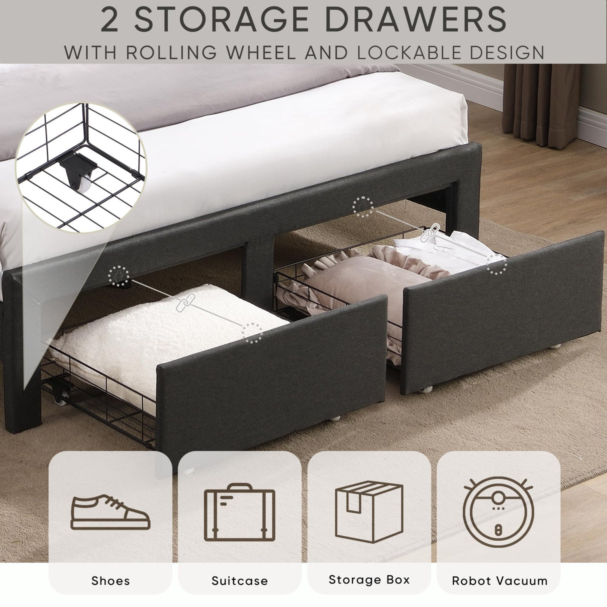 Full Size Bed Frame with 2 Storage Drawers, Upholstered Platform Bed Frame Full w/Wingback Headboard,