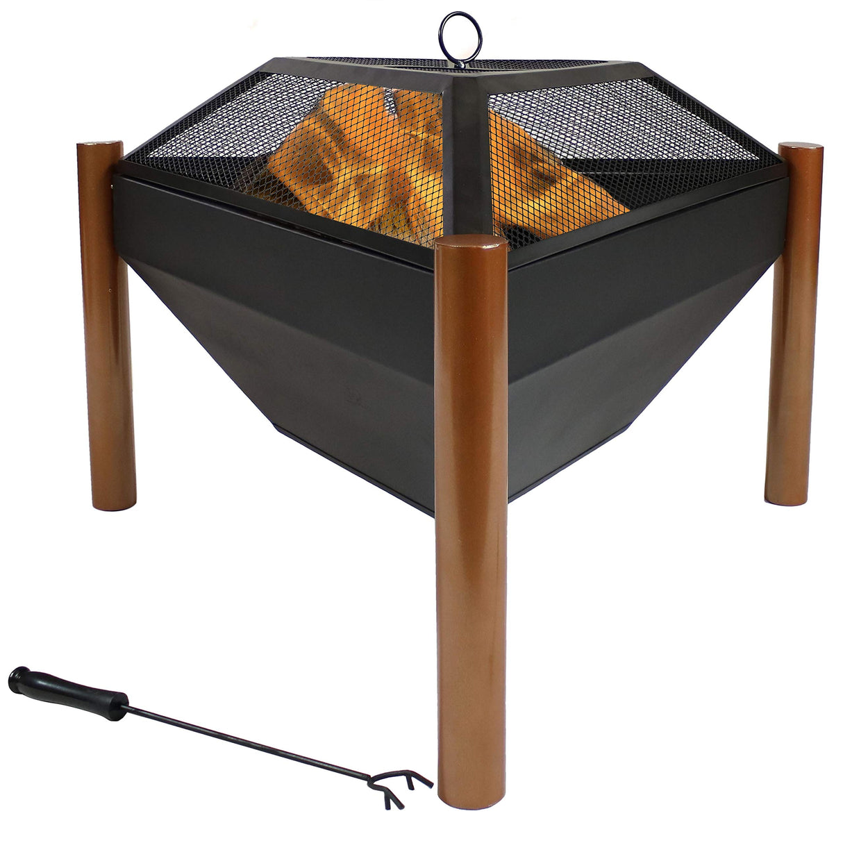 Sunnydaze 31-Inch Steel Wood-Burning Triangle Fire Pit/Side Table - Log Grate, Poker and Spark Screen - Copper Finish