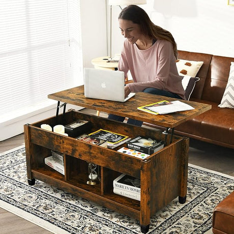 Table with Hidden Storage Compartment, Display Shelves, Lift Tabletop for Living Room,