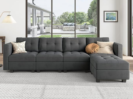 Modular Sectional Sofa with Storage Seat Convertible L Shaped Couch with Chaise Velvet 4 Seater Sofa