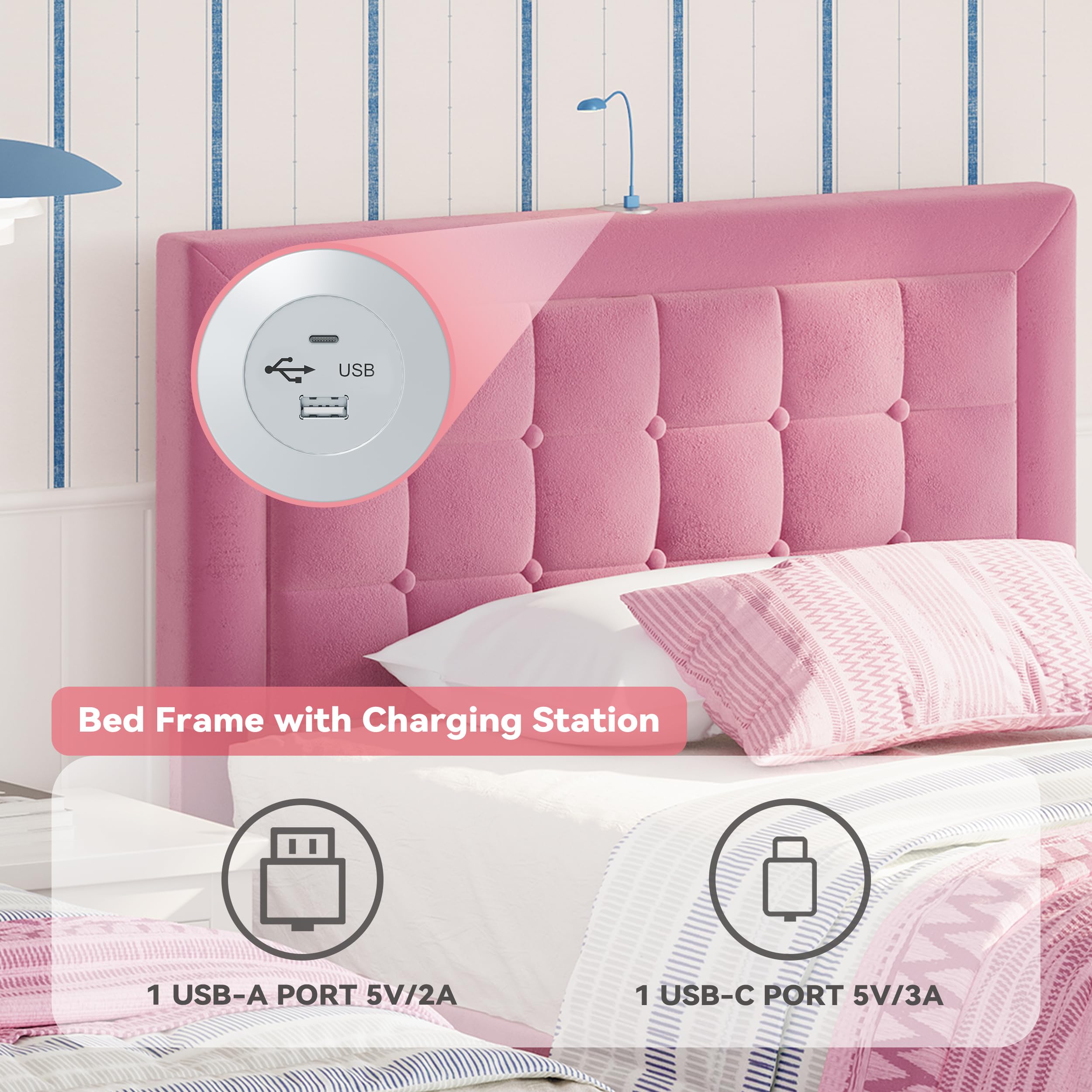 Twin Bed Frame with USB Ports, Velvet Upholstered Platform Bed with Height Adjustable