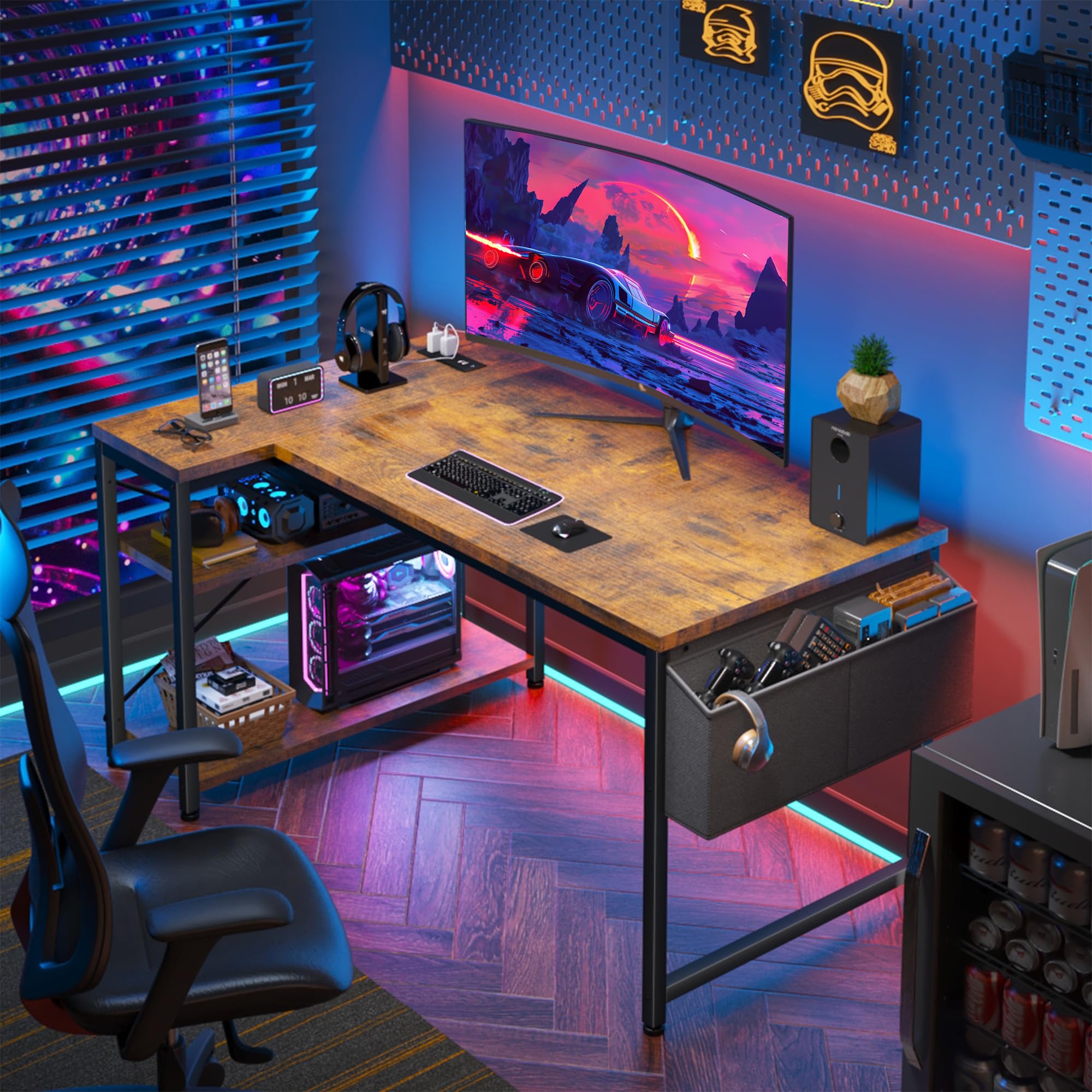 47" Computer Desk with Power Outlets,L Shaped Desk with Storage Shelves