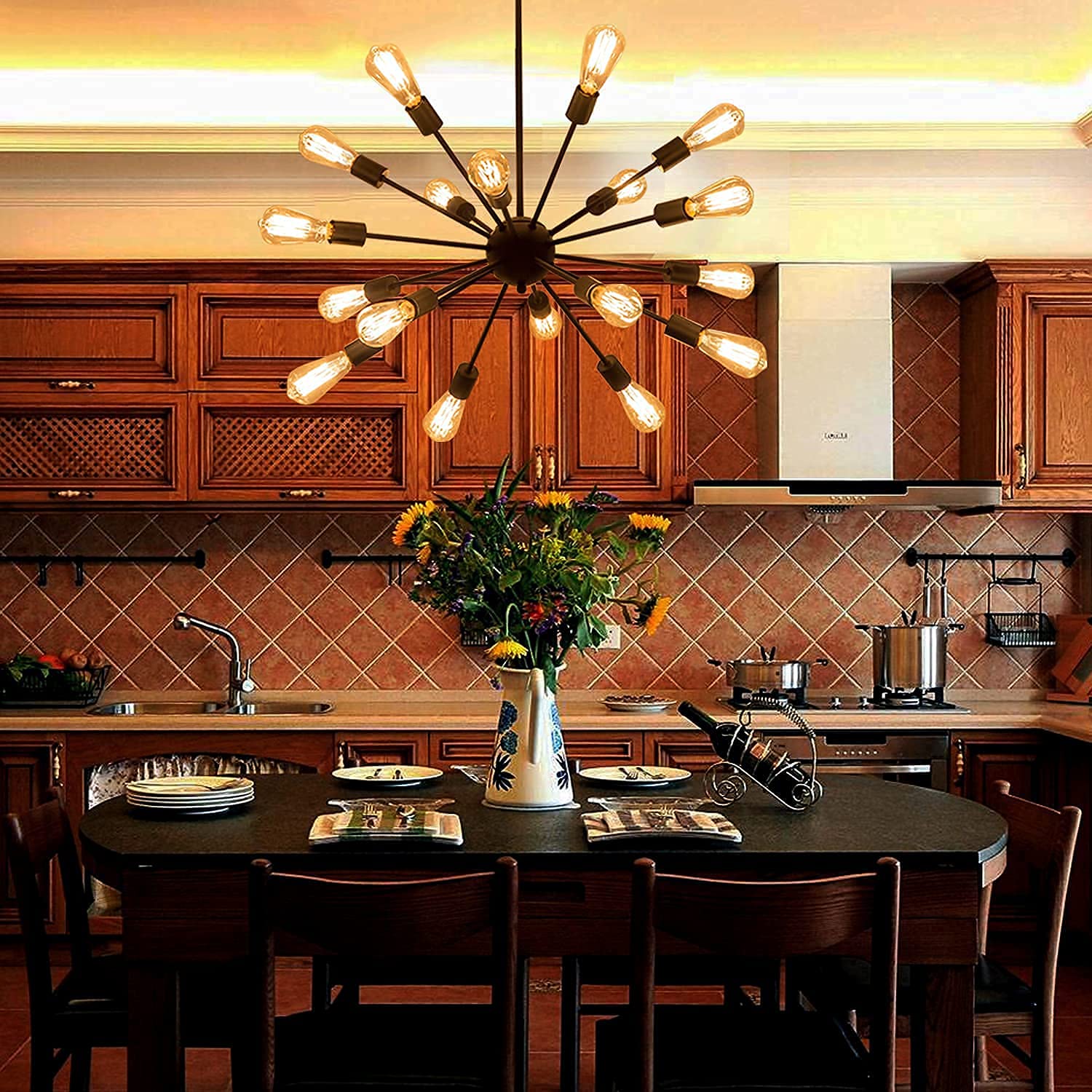 Sputnik Chandeliers Black, Modern 18-Light Farmhouse Pendant Light Mid