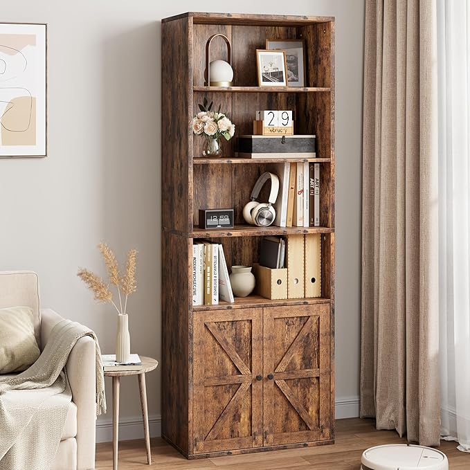 Bookcase with Doors Industrial Bookshelf 11.8in Depth Display Storage Shelves 71.4in