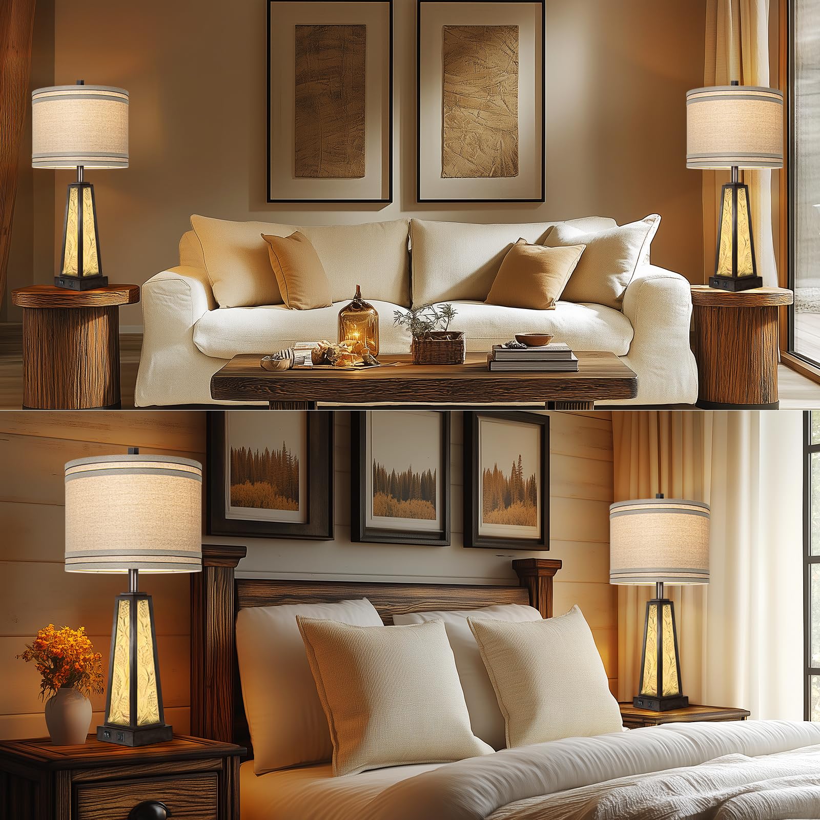 28" Rustic Table Lamp Set of 2 with Night Light, Farmhouse Bedside Lamps with USB,