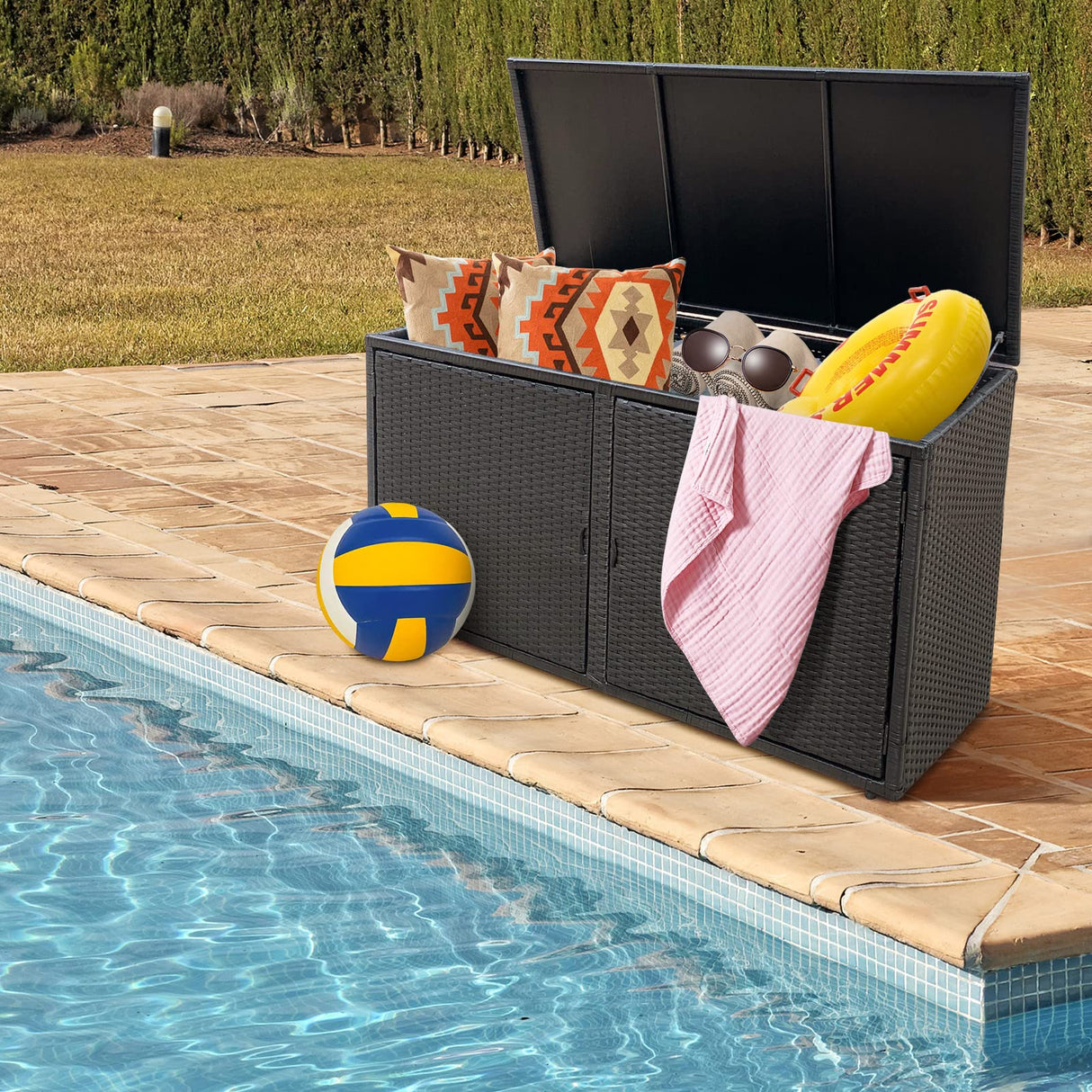 Deck Box Outdoor Patio Pool Storage Box Outside Rattan Wicker Toy Storage Bin Cabinet