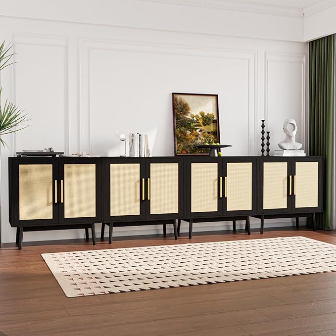 Buffet Cabinet, Rattan Cabinet, Set of 3, Storage Cabinet with 2 Doors