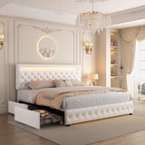 Queen Led Bed Frame with 4 Storage Drawers, with Smart Control RGBW LED Lights Headboard Footboard,