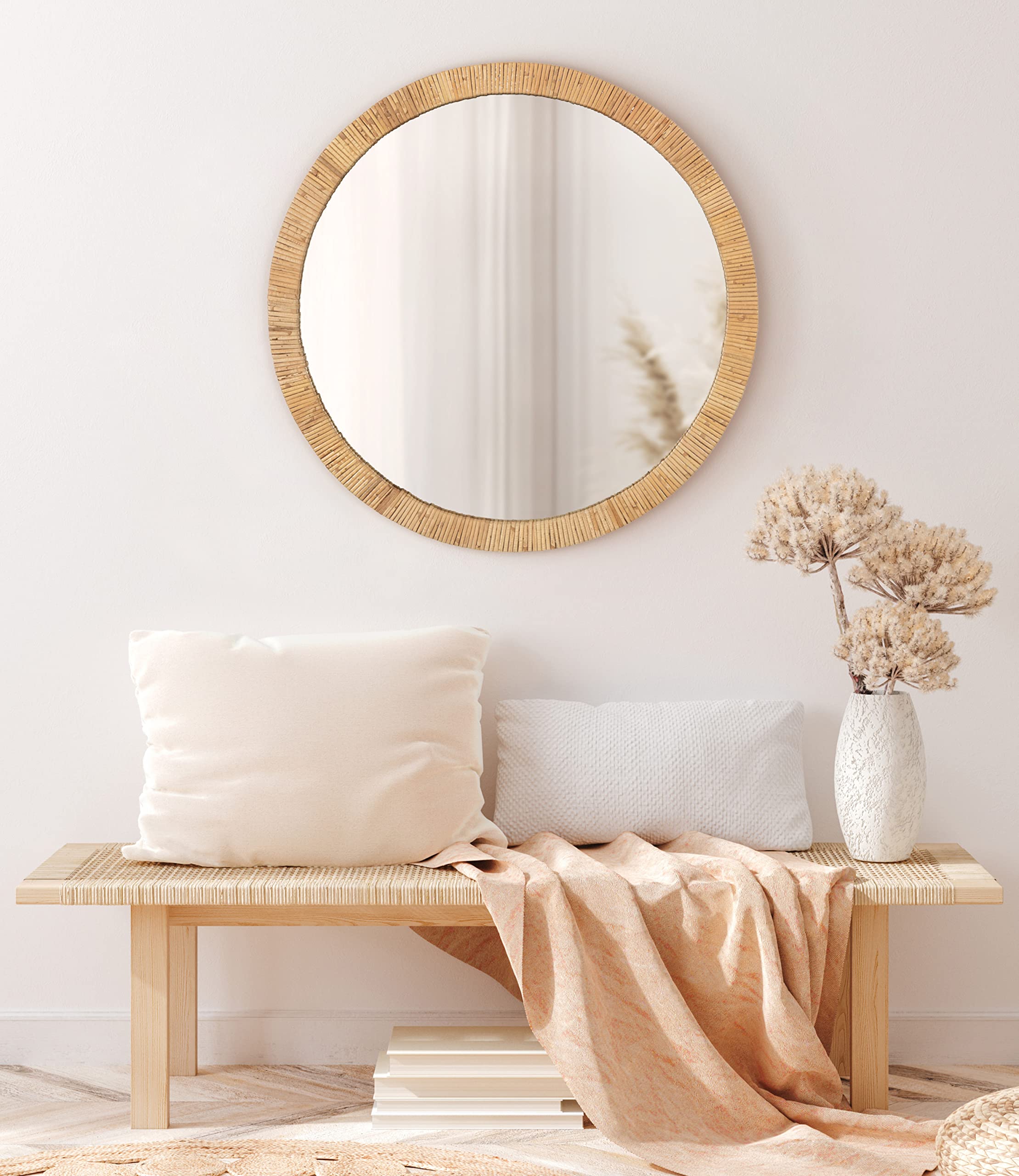 Rahfy Boho Round Rattan Mirror, 28 Inch Diameter, Natural Wood, Decorative Round Wood
