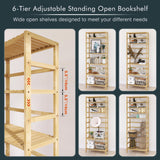 Bamboo Shelf, 6-Tier Adjustable Tall Open Bookcase, Bathroom Storage Rack Freestanding Shelving