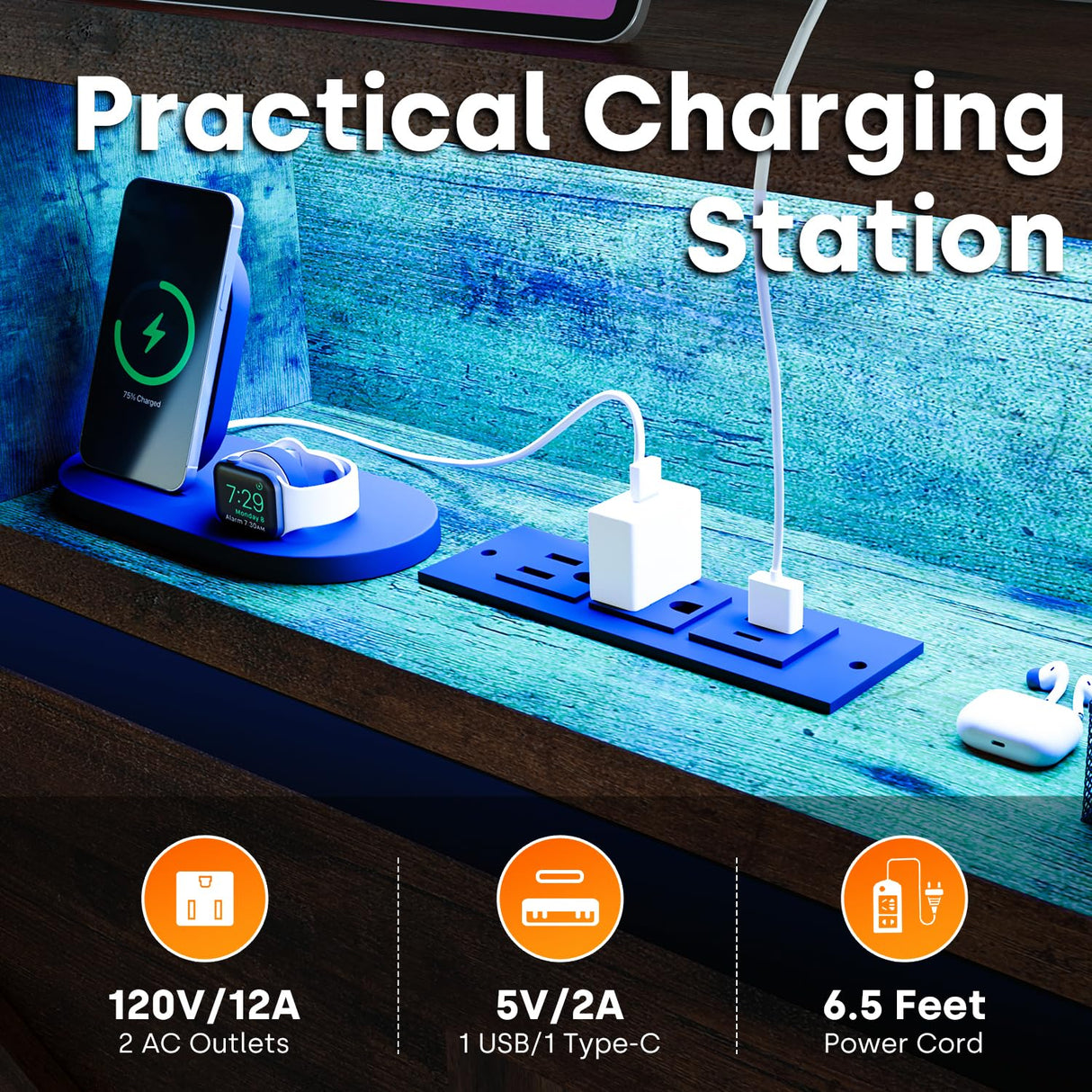 Farmhouse Queen Bed Frame with Storage Headboard and LED Lights