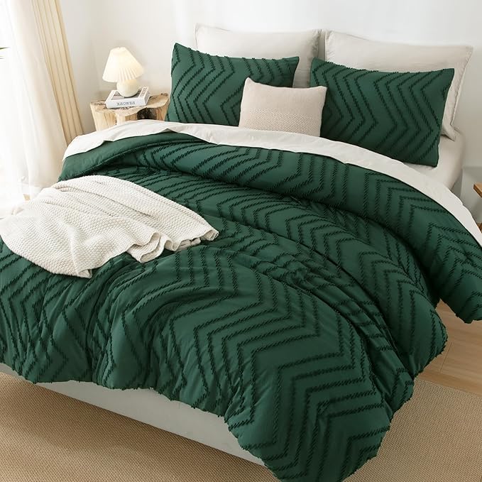 Comforter King Size Set Dark Emerald Green, 3 Pieces Lightweight Tufted Solid Forest Green Bedding Sets,