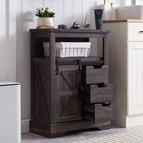 Bathroom Floor Cabinet, Farmhouse Storage Cabinet with Sliding Barn Door & Storage