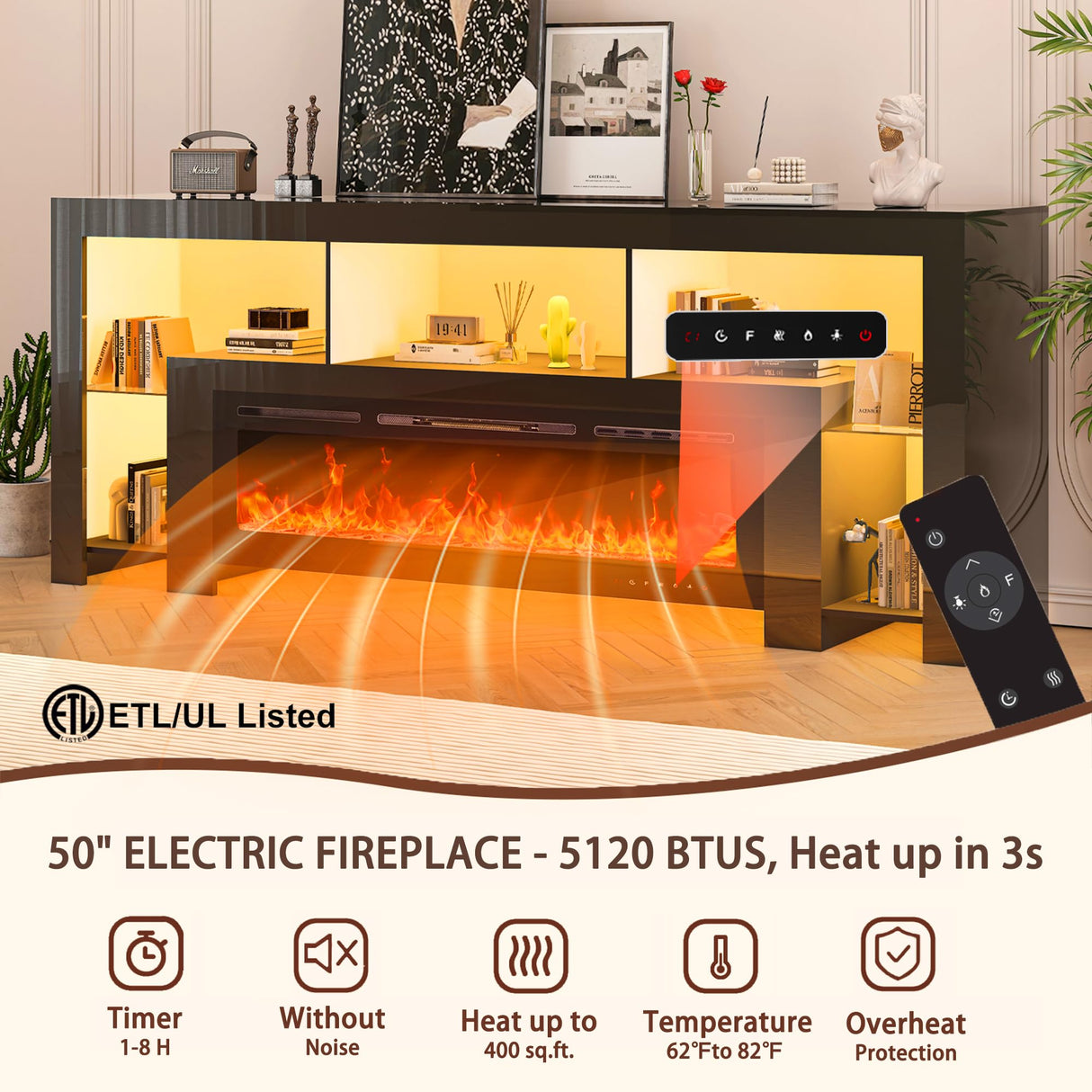 94.5" Fireplace TV Stand with LED Lighting & Charging Station