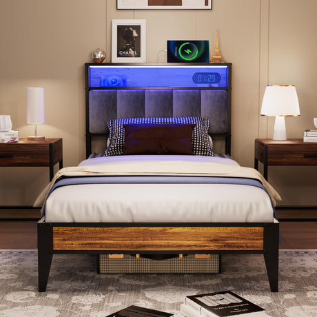 Twin Frame, Metal Platform Twin Size Bed Frame with Storage & LED Light Headboard