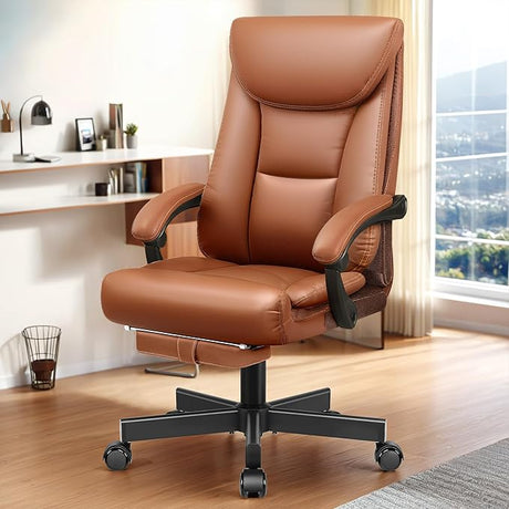 Ergonomic Office Chair, Big and Tall Executive Home Office Desk Chair, Shiny Leather Swivel Computer Chair with High Back, Wheels, Lumbar Support, Footrest（Black）