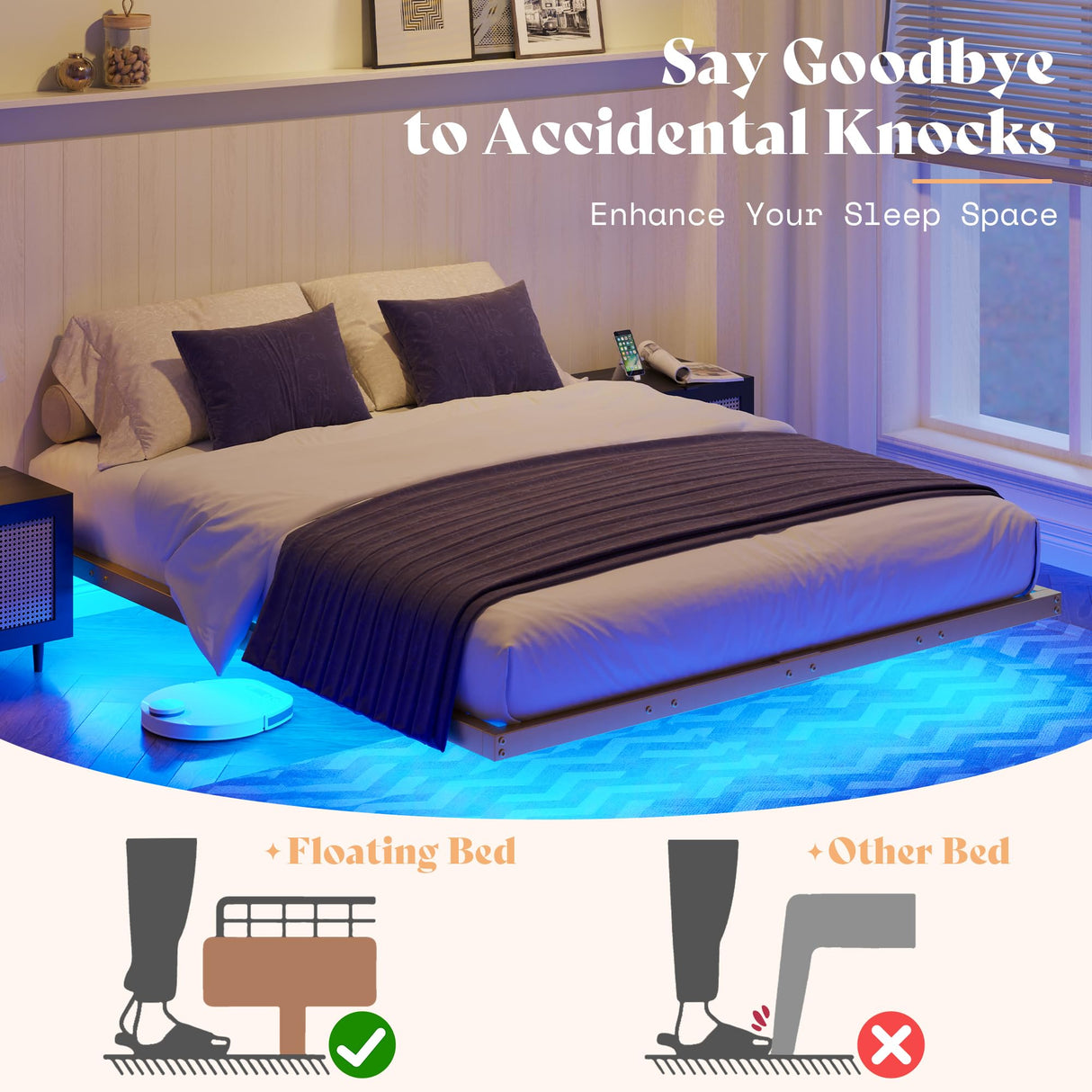 Full Size Floating Bed Frame, Full Bed Frame with LED Lights,