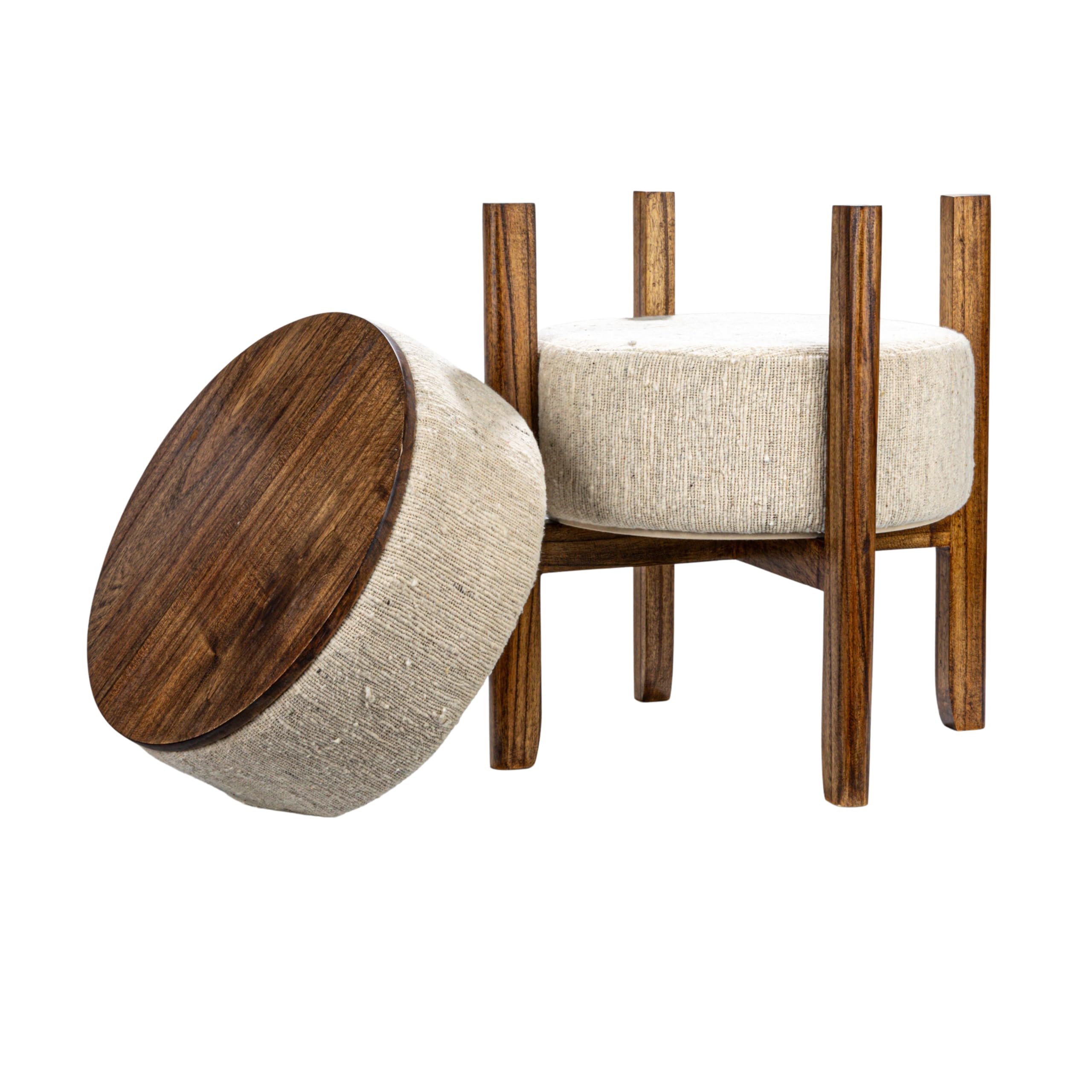 Woven Cotton and Wool Blend Table/Stool with Oak Wood Legs and Reversible Top