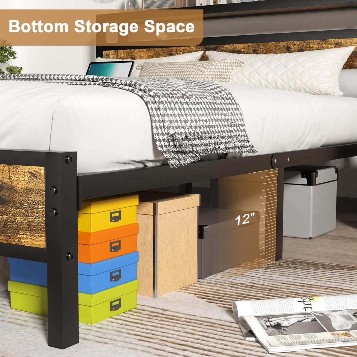 Full Bed Frame with Charging Station Headboard, Platform Bed with 2-Tier Storage Shelf,