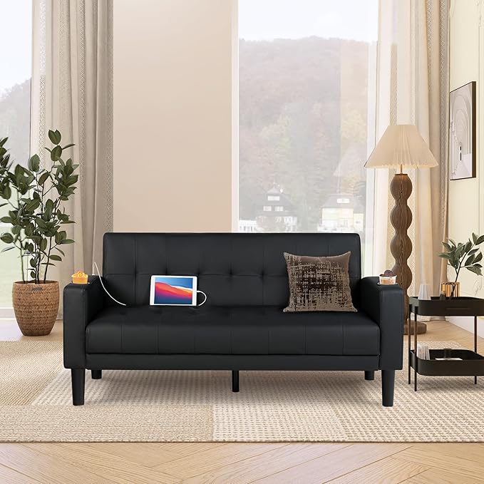 62" Loveseat Couches Upholstered Fabric Linen Love Seat Sofas Couch with 2 USB