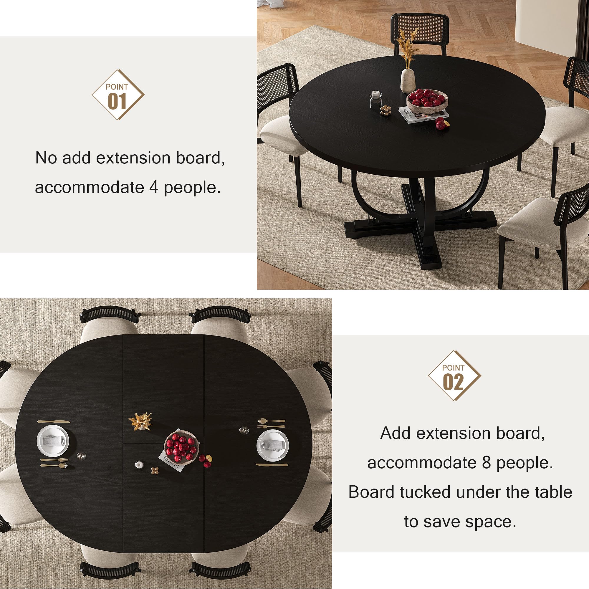 59" Round Extendable Dining Table for 4-6 People