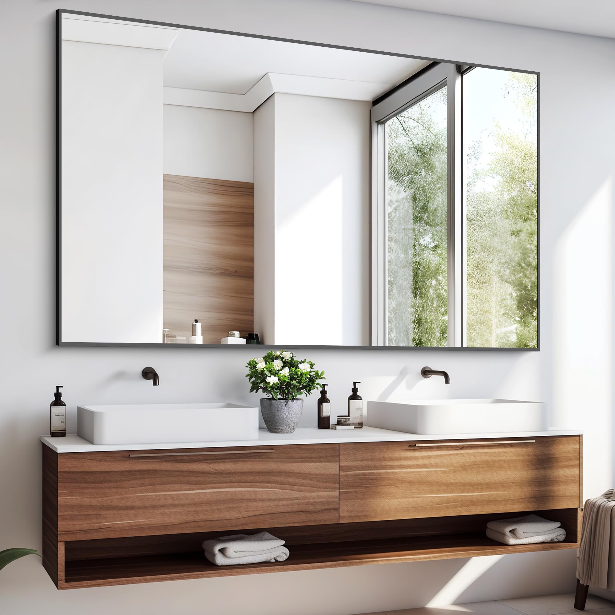 Black Wall Mounted Mirror,Aluminum Framed Decorative Rectangular