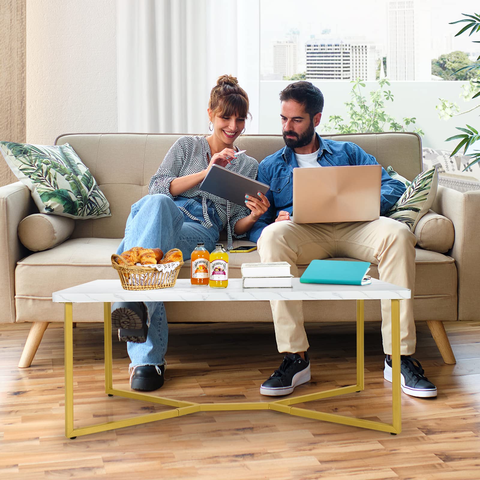 Modern Coffee Table, Accent Center Table with Faux Marble Tabletop