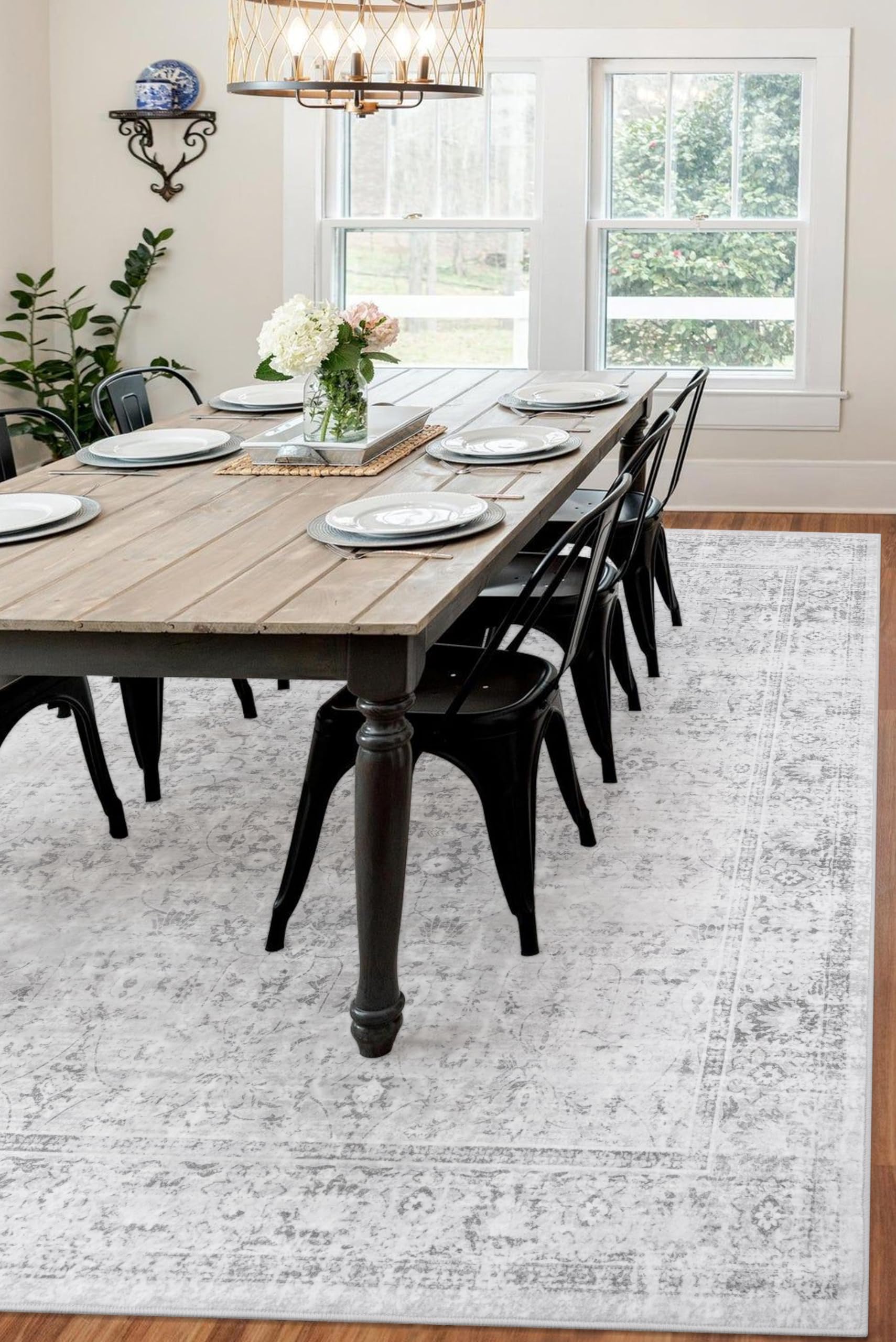 Traditional Rug 9x12 - Large Gray Vintage Rug for Living Room, Washable Soft Floral