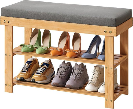 Bamboo Shoe Bench, 3-Tier Shoe Rack with 1.6" Thick Padding, Stable Shoe Organizer