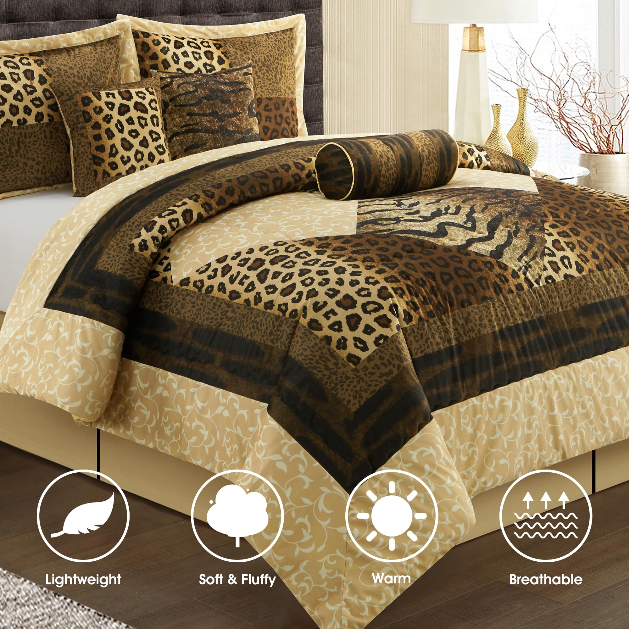 9 Piece California King Comforter Set - Leopard Print Safari Bedding Collection