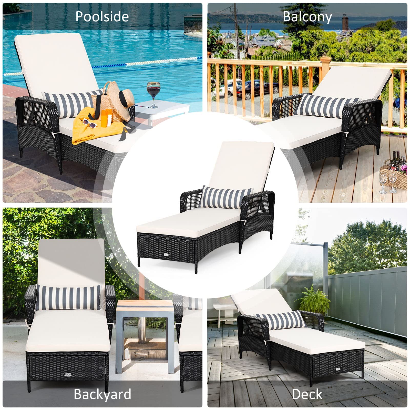 LUARANE Patio Wicker Chaise Lounge, Outdoor Rattan Leisure Recliner, Included Thick Cushion and Removable Lumbar Pillow, 6-Position Adjustable Backrest Suitable for Lawn, Beach, Balcony