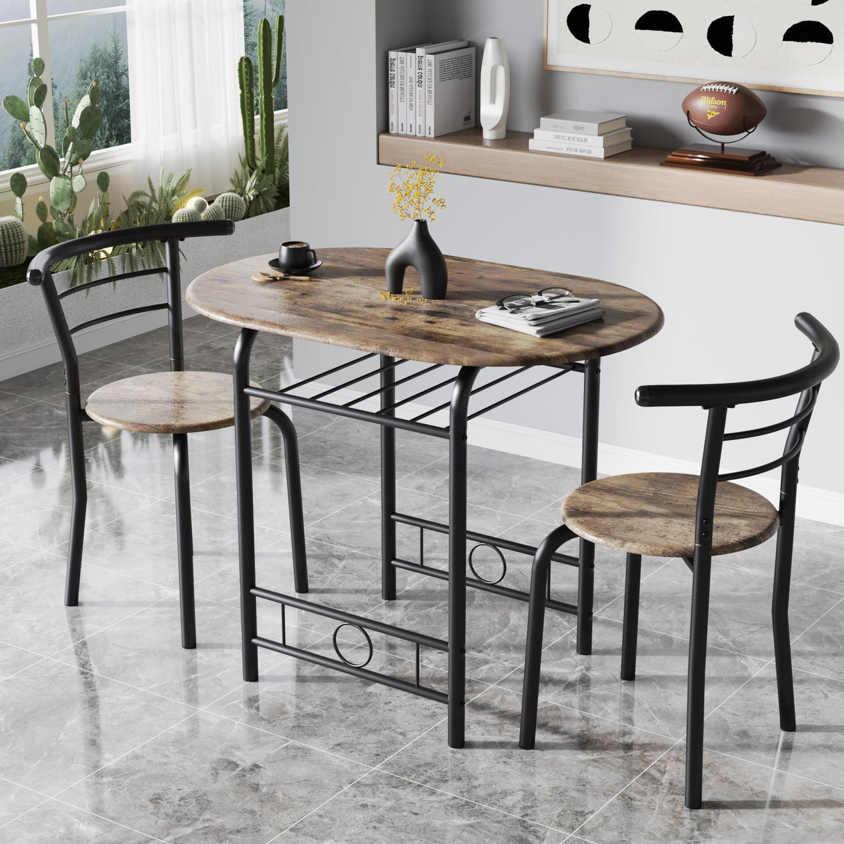 3-Piece Wooden Round Table & Chair Set, Space Saving Kitchen Breakfast Nook Wood Grain Tabletop with Metal Frame and Built-in Wine Rack for Kitchen,