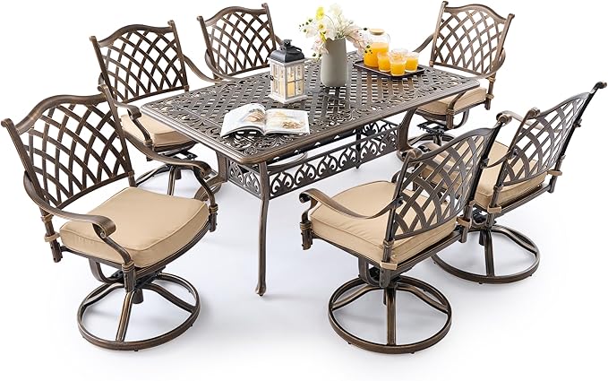7 Piece Cast Aluminum Outdoor Dining Set Retro Patio Dining Set for 6 Includes 59” Rectangular Table and 6 Chairs