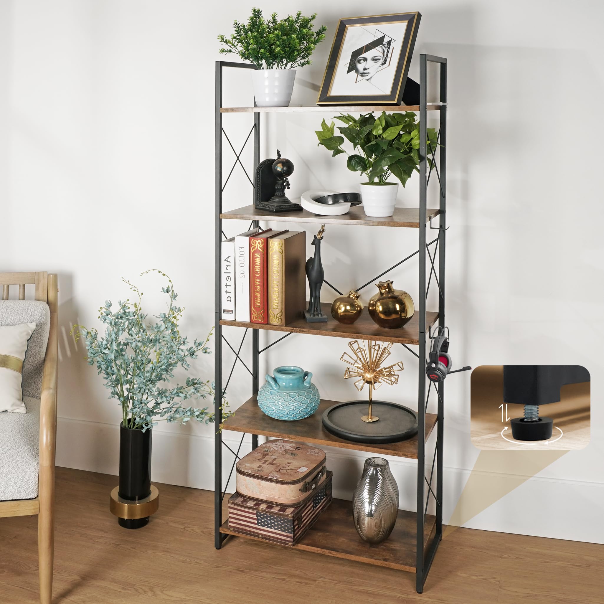 Bookshelf 5 Tier Tall Bookcase Shelf, Book Case Wood Industrial Rustic Standing Bookshelves with Storage Hooks Modern Wide Metal Ironck Book Cases Open Shelves for Bedroom Living Room Office CDs Brown
