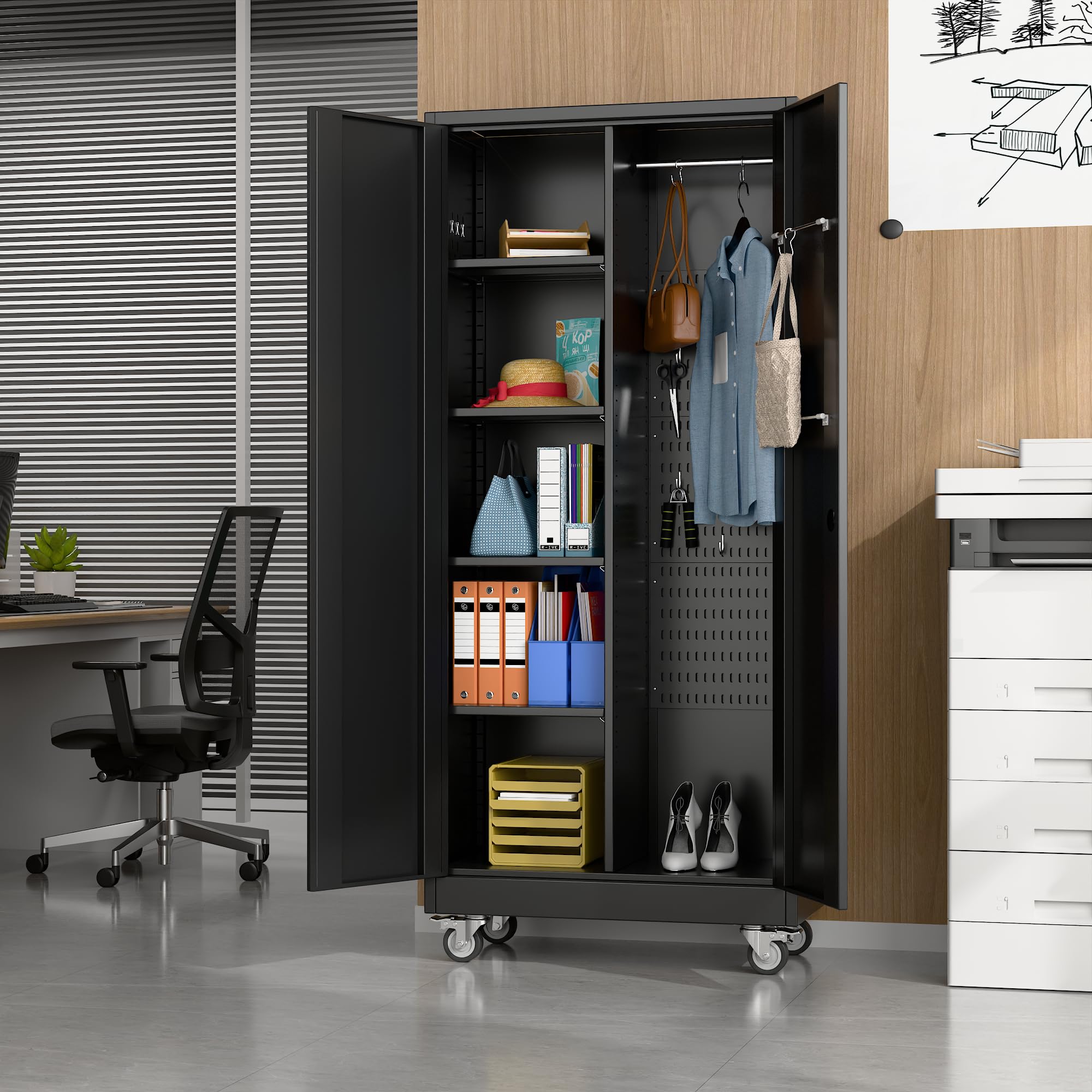 Garage Storage Cabinet with Wheels, Metal Storage Cabinet with Lockable Doors and 4 Adjustable Shelves