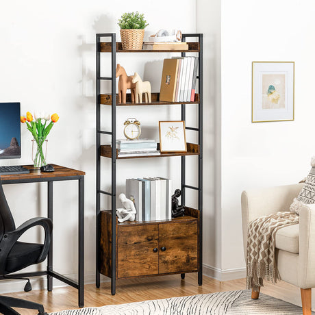 4-Tier Bookshelf with Doors, Industrial Wooden Bookcase with Storage, 23.6"L x 9.4"W x 60.6"H