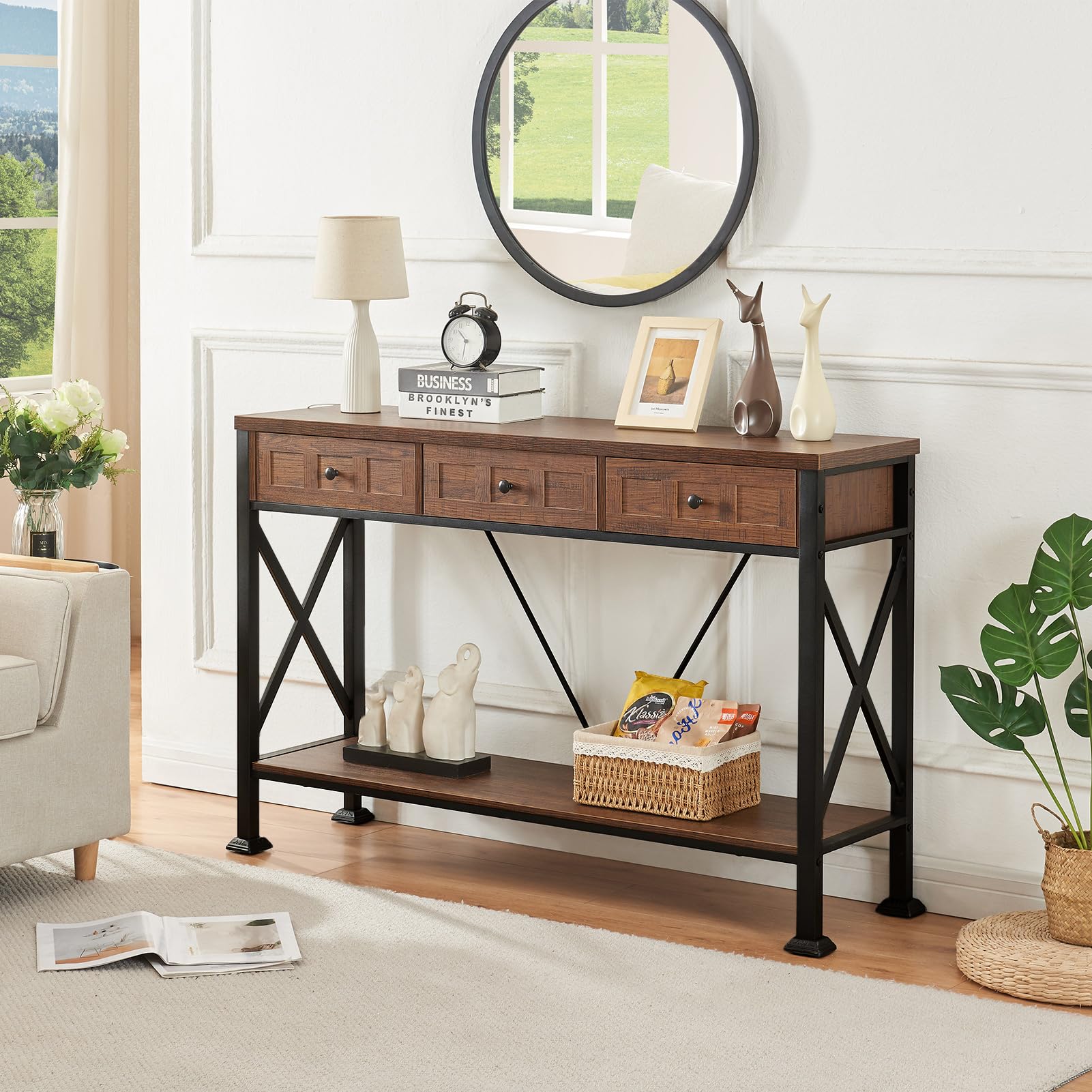 Entryway Table, Rustic Console Table with 3 Drawers for Entry