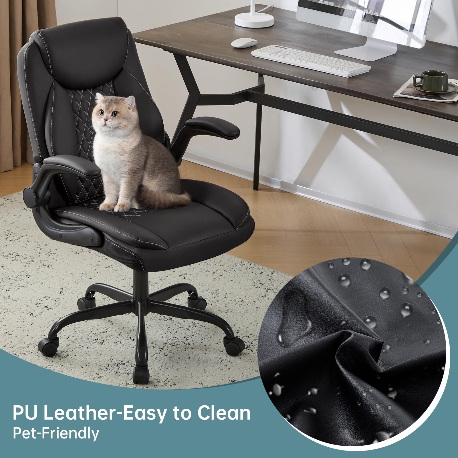 Ergonomic Leather Office Chair with Flip-Up Armrests