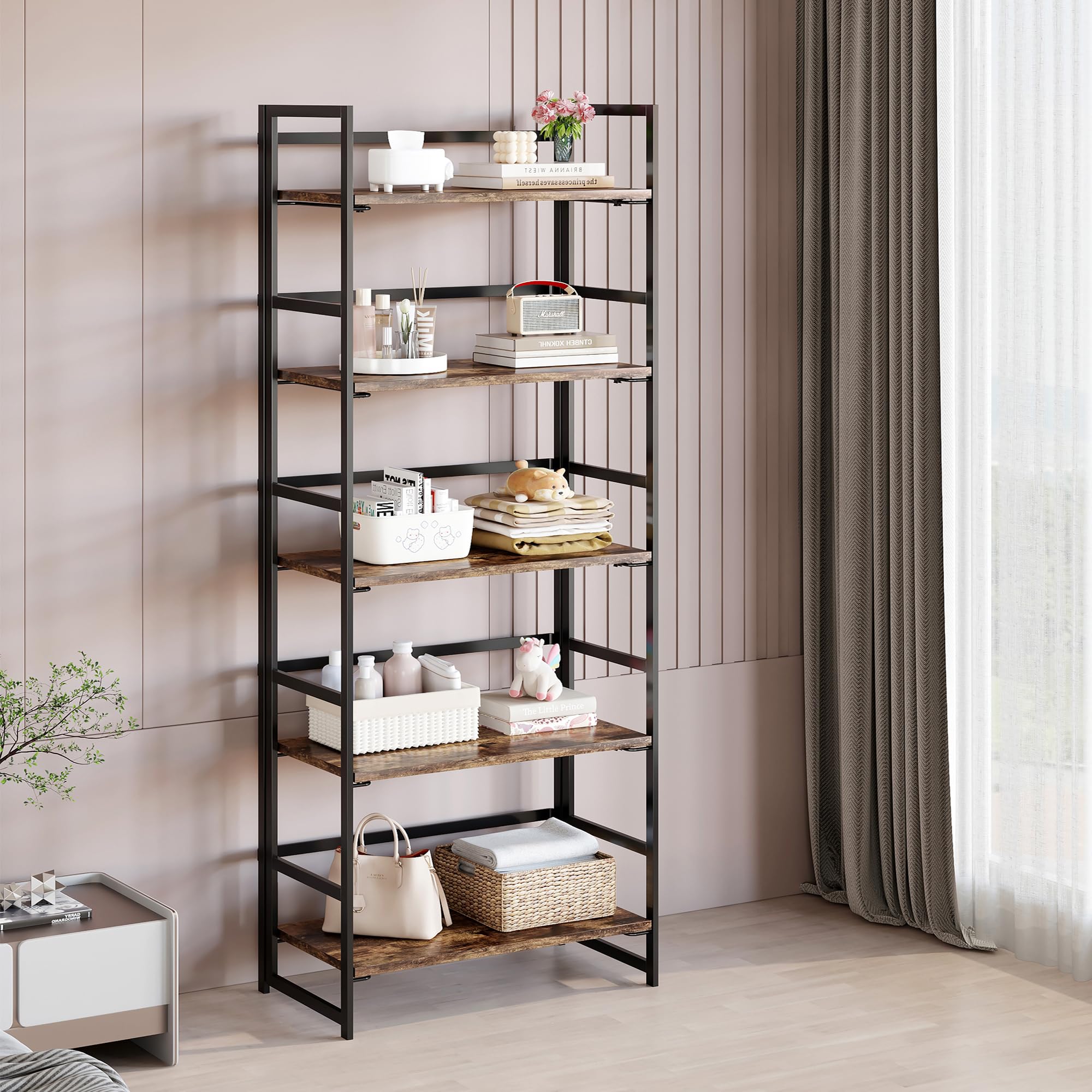 Vintage Multifunctional Folding Bookshelf, No-Assembly Plant Stand Storage Rack Shelves