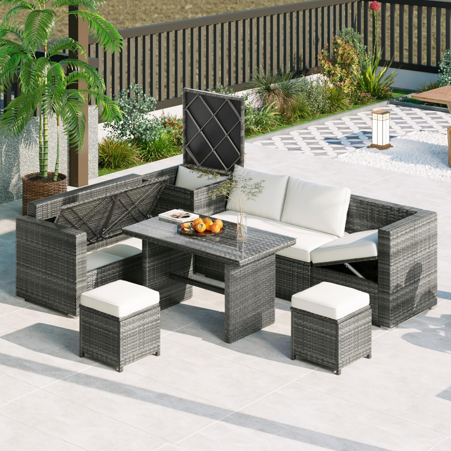 AEDNX Wicker Outdoor Patio Furniture Set with Storage, 6 Piece Patio Sofa Set with Ottoman Stool, Patio Conversation Sets Comforatable for Garden Yard (Grey Wicker and Beige Cushion, One Size)