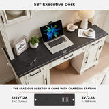 Farmhouse 76" Height Computer Desk with Hutch, Office Desk with Charging Station, Drawers and Storage Cabinet, Workstation for Office Home, Off White