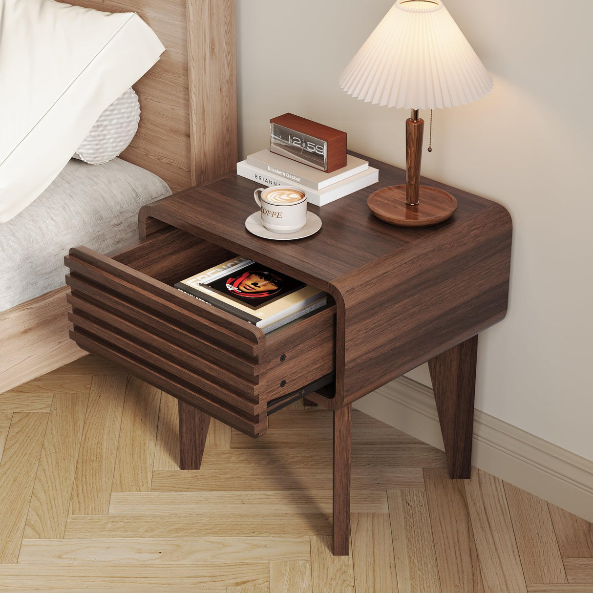 Nightstands Set of 2 Mid Century Modern Night Stand Wood Accent Bedside Table with Drawer Small Side Table for Small Space End Table for Bedroom Living Room, Walnut 2PCS